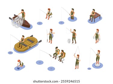 Isometric fishermen characters. Boys girls fishing with rods and nets from wooden or rubber boats. Male female outdoor hobby, flawless vector set