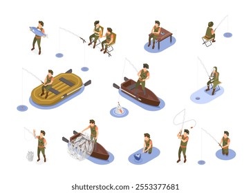 Isometric fishermen. Fisherman with rod and net fishing in pond or river. Men sitting in wooden or rubber boats. Outdoor seasonal hobby, flawless vector characters