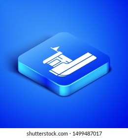 Isometric Fishing boat icon isolated on blue background. Blue square button. Vector Illustration