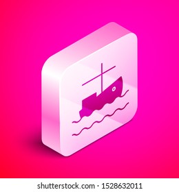 Isometric Fishing boat on water icon isolated on pink background. Silver square button. Vector Illustration