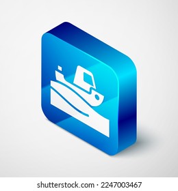 Isometric Fishing boat on water icon isolated on grey background. Blue square button. Vector