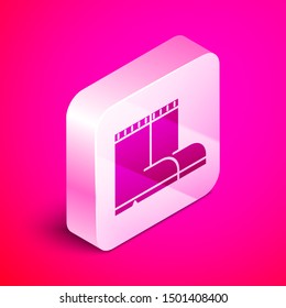 Isometric Fishing boots icon isolated on pink background. Waterproof rubber boot. Gumboots for rainy weather, fishing, hunter, gardening. Silver square button. Vector Illustration