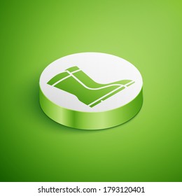 Isometric Fishing boots icon isolated on green background. Waterproof rubber boot. Gumboots for rainy weather, fishing, hunter, gardening. White circle button. Vector