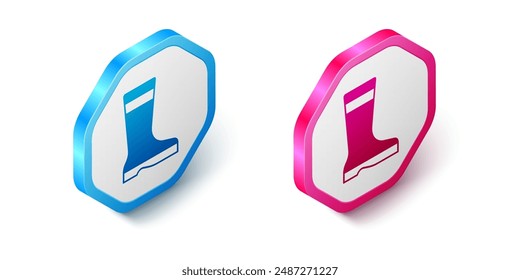 Isometric Fishing boots icon isolated on white background. Waterproof rubber boot. Gumboots for rainy weather, fishing, hunter, gardening. Hexagon button. Vector