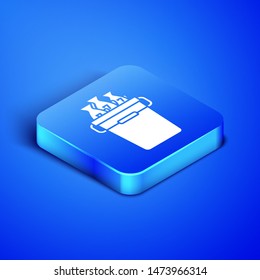 Isometric Fishing bucket with fishes icon isolated on blue background. Fish in a bucket. Blue square button. Vector Illustration