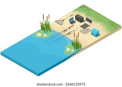 Isometric fishing by the lake. Fishing rods, tackle box, cooler, folding chair, net, and a campfire arranged nearby. Peaceful outdoor recreation in nature, combining fishing and camping.