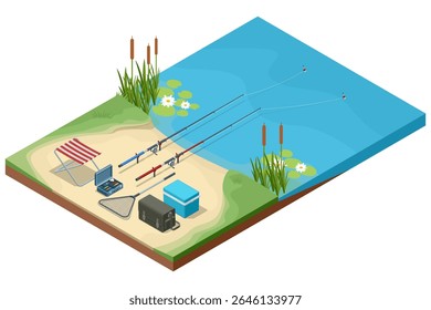Isometric fishing by the lake. Fishing rods, tackle box, cooler, folding chair, net, and a campfire arranged nearby. Peaceful outdoor recreation in nature, combining fishing and camping.