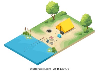 Isometric fishing and camping scene by the lake. A yellow tent is set up near the water, with fishing rods, tackle box, cooler, folding chair, net, and a campfire arranged nearby.