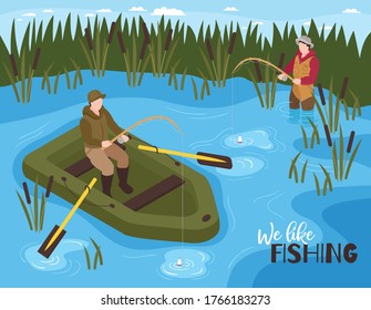 Isometric fishing composition with outdoor scenery and inflatable boat with characters of fishermen and editable text vector illustration