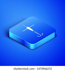 Isometric Fishing hook and float icon isolated on blue background. Fishing tackle. Blue square button. Vector Illustration