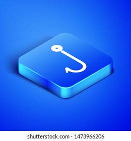 Isometric Fishing hook icon isolated on blue background. Fishing tackle. Blue square button. Vector Illustration