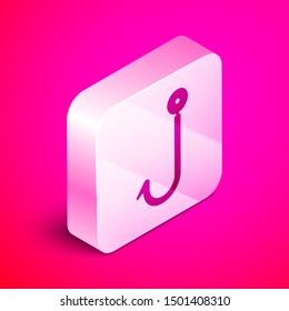 Isometric Fishing hook icon isolated on pink background. Fishing tackle. Silver square button. Vector Illustration