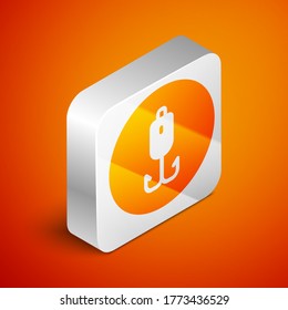 Isometric Fishing hook icon isolated on orange background. Fishing tackle. Silver square button. Vector