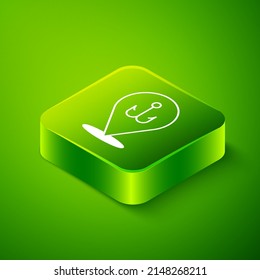 Isometric Fishing hook icon isolated on green background. Fishing tackle. Green square button. Vector