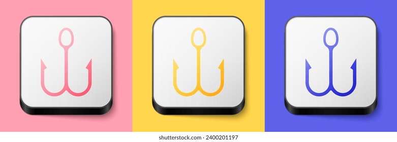 Isometric Fishing hook icon isolated on pink, yellow and blue background. Fishing tackle. Square button. Vector