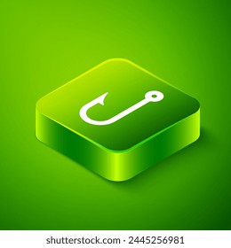 Isometric Fishing hook icon isolated on green background. Fishing tackle. Green square button. Vector