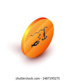 Isometric Fishing hook under water with fish icon isolated on white background. Fishing tackle. Orange circle button. Vector Illustration