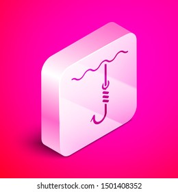 Isometric Fishing hook under water icon isolated on pink background. Fishing tackle. Silver square button. Vector Illustration