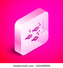 Isometric Fishing hook under water with fish icon isolated on pink background. Fishing tackle. Silver square button. Vector Illustration