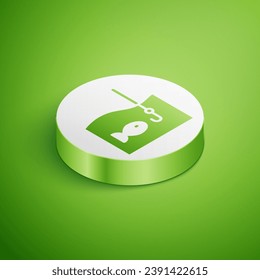 Isometric Fishing hook under water with fish icon isolated on green background. Fishing tackle. White circle button. Vector