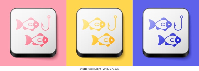 Isometric Fishing hook under water with fish icon isolated on pink, yellow and blue background. Fishing tackle. Square button. Vector