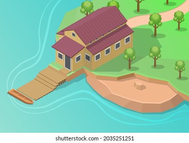 Isometric fishing house with boat on water