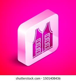 Isometric Fishing jacket icon isolated on pink background. Fishing vest. Silver square button. Vector Illustration