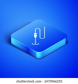 Isometric Fishing line with hook and float icon isolated on blue background. Fishing tackle. Blue square button. Vector Illustration