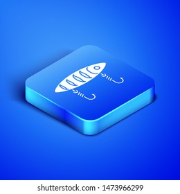 Isometric Fishing lure icon isolated on blue background. Fishing tackle. Blue square button. Vector Illustration