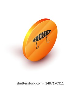 Isometric Fishing lure icon isolated on white background. Fishing tackle. Orange circle button. Vector Illustration