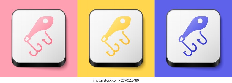 Isometric Fishing lure icon isolated on pink, yellow and blue background. Fishing tackle. Square button. Vector