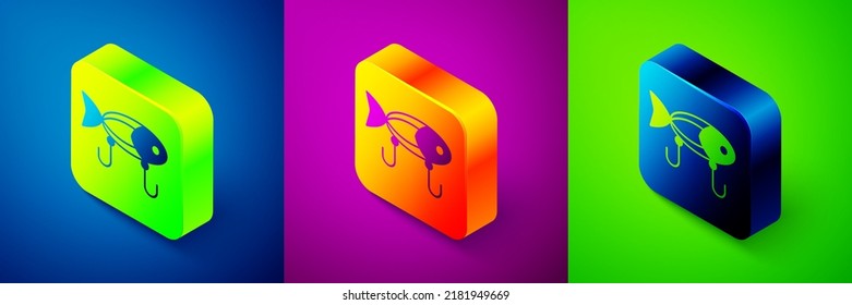 Isometric Fishing lure icon isolated on blue, purple and green background. Fishing tackle. Square button. Vector