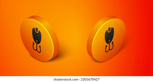 Isometric Fishing lure icon isolated on orange background. Fishing tackle. Orange circle button. Vector