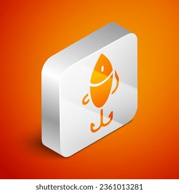 Isometric Fishing lure icon isolated on orange background. Fishing tackle. Silver square button. Vector