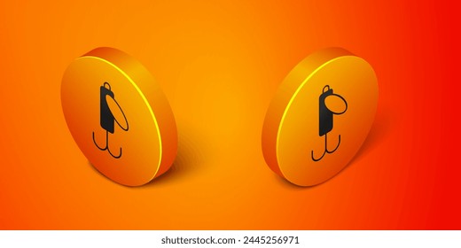 Isometric Fishing lure icon isolated on orange background. Fishing tackle. Orange circle button. Vector