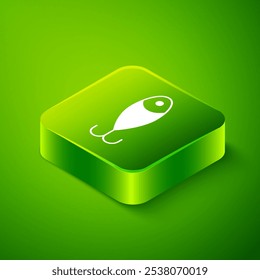 Isometric Fishing lure icon isolated on green background. Fishing tackle. Green square button. Vector