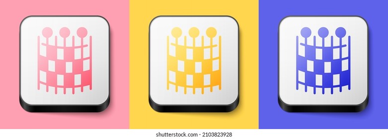 Icono de patrón de red de pesca isométrica aislado en fondo rosa, amarillo y azul. Abrones de pesca. Botón cuadrado. Vector
