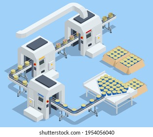 Isometric Fishing production concept. Tin cans with fish on the conveyor. Production of canned fish.