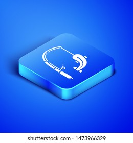 Isometric Fishing rod and fish icon isolated on blue background. Catch a big fish. Fishing equipment and fish farming topics. Blue square button. Vector Illustration