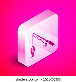 Isometric Fishing rod and fish icon isolated on pink background. Fishing equipment and fish farming topics. Silver square button. Vector Illustration