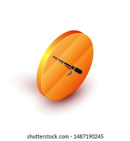 Isometric Fishing rod icon isolated on white background. Fishing equipment and fish farming topics. Orange circle button. Vector Illustration