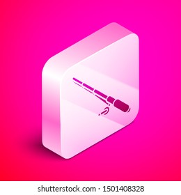 Isometric Fishing rod icon isolated on pink background. Fishing equipment and fish farming topics. Silver square button. Vector Illustration