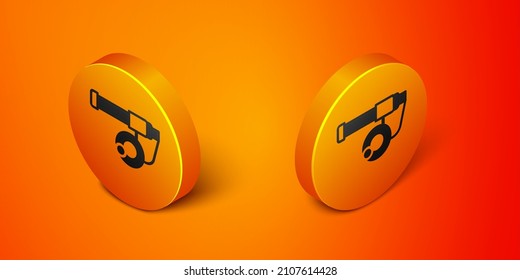 Isometric Fishing rod icon isolated on orange background. Catch a big fish. Fishing equipment and fish farming topics. Orange circle button. Vector