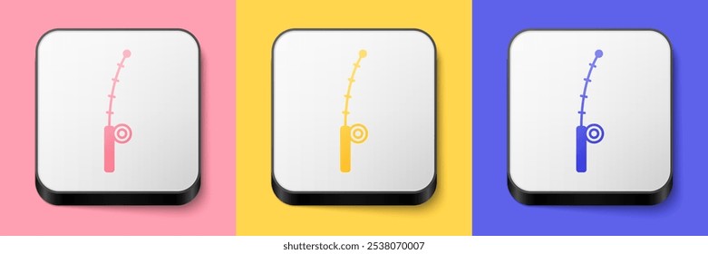 Isometric Fishing rod icon isolated on pink, yellow and blue background. Catch a big fish. Fishing equipment and fish farming topics. Square button. Vector