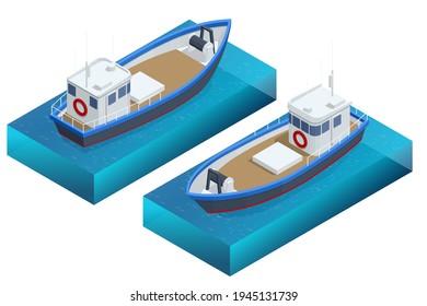 Isometric fishing schooner, fishing boat or ship, isolated on white background. Fishing boat, trawler for industrial seafood production Sea fishing, ship marine industry, fish boat