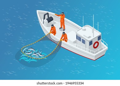 Isometric fishing schooner  fishing boat ship  Fishermen pulling up net filled and fish  Sea fishing  ship marine industry  fish boat