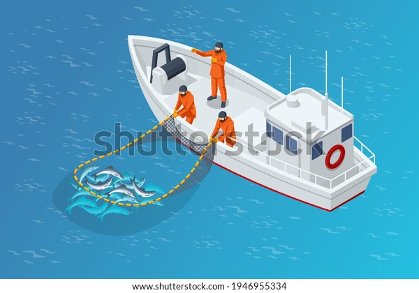 Isometric fishing schooner, fishing boat or ship.\
Fishermen pulling up a net filled with fish. Sea fishing, ship\
marine industry, fish\
boat