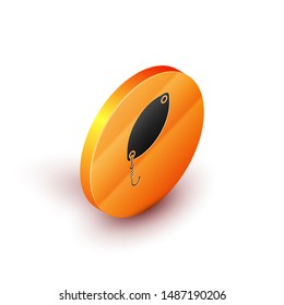 Isometric Fishing spoon icon isolated on white background. Fishing baits in shape of fish. Fishing tackle. Orange circle button. Vector Illustration