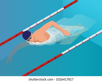 Isometric Fit Swimmer Training in the Swimming Ppool. Vector illustration Professional Male Swimmer