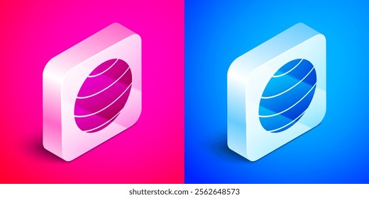 Isometric Fitness ball icon isolated on pink and blue background. Gym ball. Silver square button. Vector